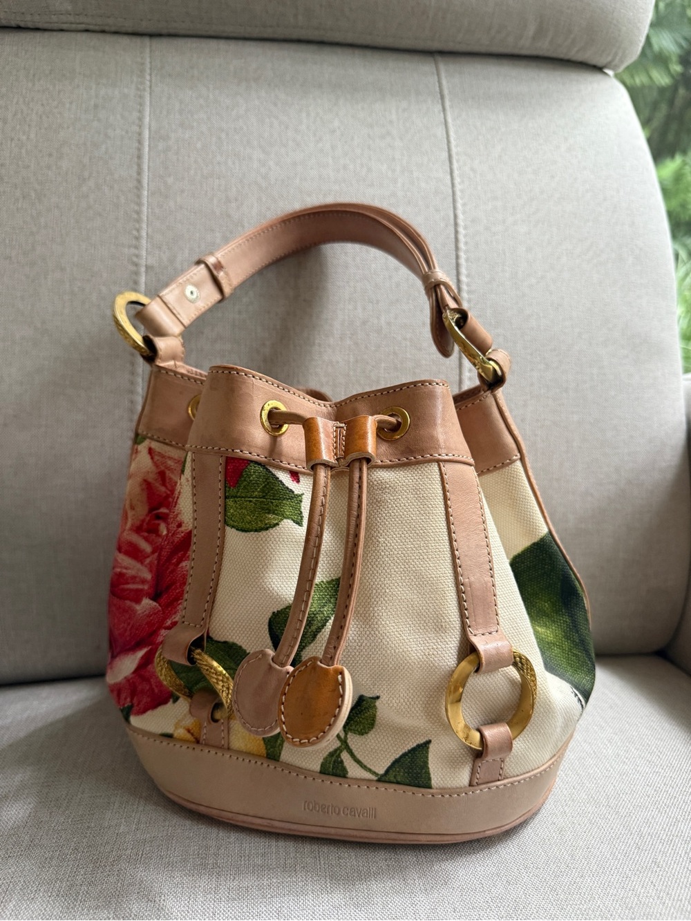 Roberto Cavalli Beige Floral Canvas Bucket Shoulder Bag with Tan Leather Trim